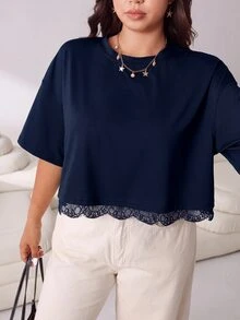 Solflare Plus Size Women's Solid Color Casual Versatile Daily Wear T-Shirt - Navy Blue - View 7