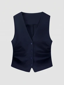 SHEIN EZwear 女款素色百褶商務西裝背心 秋冬款 - 藏蓝色 - 查看 1
