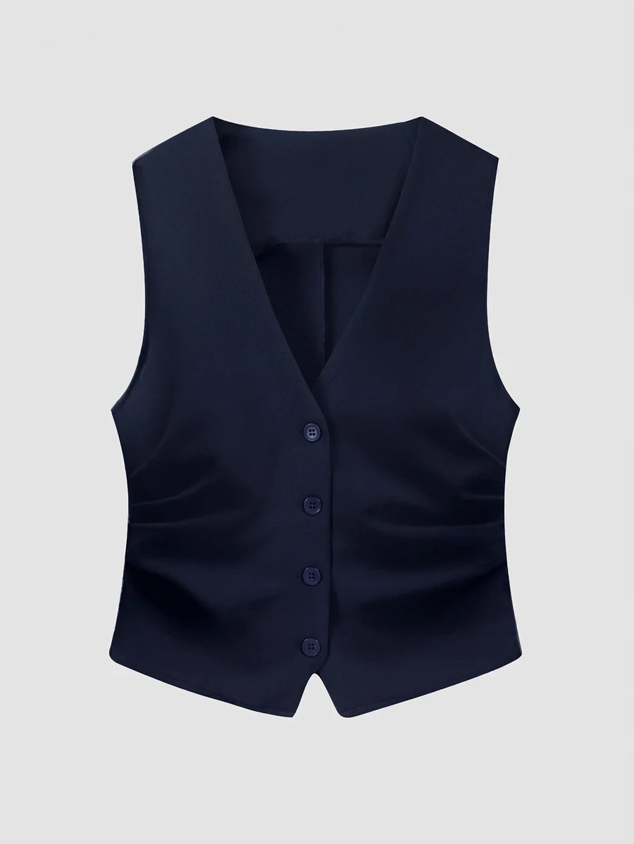 SHEIN EZwear 女款素色百褶商務西裝背心 秋冬款 - 藏蓝色 - 查看 1