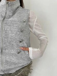 K-Vae Women's Street Style Napoleon Zipper Vest Jacket With Pockets - Grey - View 8