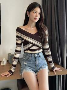 DAZY French Vintage Style Striped V-Neck Cross Off-Shoulder Knit Sweater For Women, Autumn/Winter New Arrival - Khaki - View 5