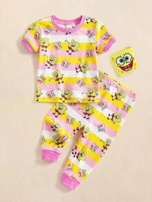 SpongeBob SquarePants | SHEIN Baby Girl Striped Short Sleeve Top And Long Pants Loungewear Set - Pink - View 1