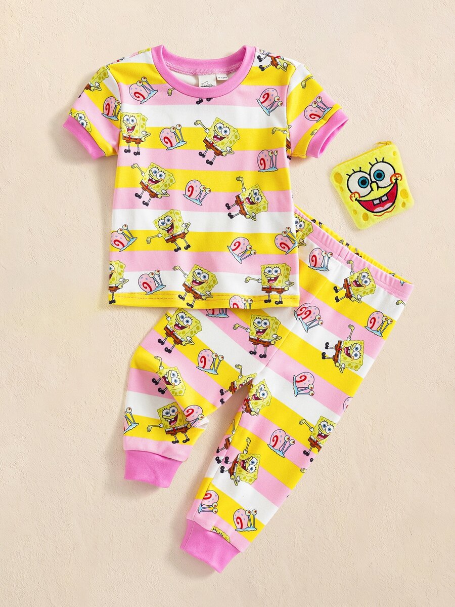 SpongeBob SquarePants | SHEIN Baby Girl Striped Short Sleeve Top And Long Pants Loungewear Set - Pink - View 1