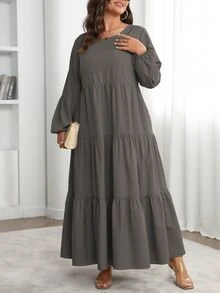 Vionelle 大尺碼女款春夏純色圓領燈籠袖荷葉邊下擺寬鬆休閒長洋裝秋季女裝 - 深灰色 - 查看 1