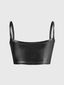 SHEIN ICON 女款純色休閒百搭日常細肩帶背心上衣 - 黑色 - 查看 2