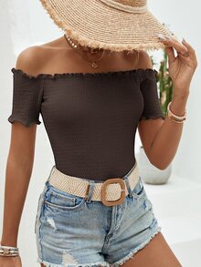 SHEIN VCAY 度假風法式紋理荷葉邊露肩T恤 - 咖啡棕 - 查看 4