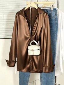 SHEIN EZwear Fashion Casual Hot Girl Style Vintage Shades Of Brown Elegant V-Neck Lace Trim Loose Long Sleeve Early Autumn Gentle Women's Blouse Dinner Office - Brown - View 2
