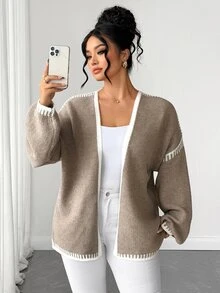 Elenzga Plus Size Women's Loose Lazy Flattering Slimming Thick Dropped Shoulder Long Sleeve Knit Cardigan - Khaki - View 1
