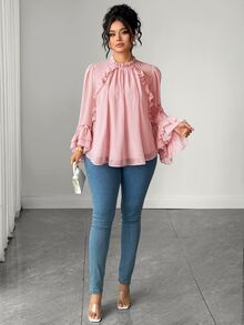 Elenzga Plus Size Chiffon & Satin Patchwork Cape Sleeve 2 In 1 High Neck Layered Hem Decorative Blouse, Elegant For Outings, Dates, Parties, Daily Commute - Pink - View 5