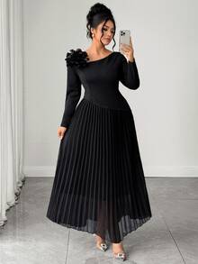 Elenzga Gaun Lipit Elegan Ukuran Plus dengan Dekorasi Bunga 3D untuk Pesta Koktail, Makan Malam Formal, Warna Hitam, Musim Gugur, Pernikahan - Hitam - View 3