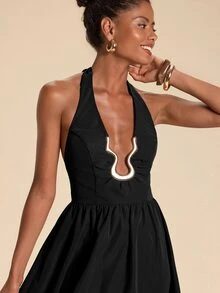 Travachic Elegant Sexy Backless Halter Neck Dress Night Out Vacation Black And Silver Summer - Black - View 8