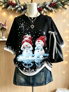 Lalippa 女款可愛聖誕雪人圖案T恤，冬季雪花短袖T恤，休閒節日穿搭，寬鬆圓領上衣 - 彩色 - 查看 1