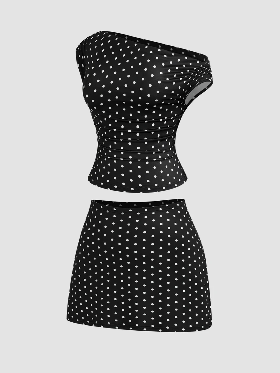 Sweetra Plus Size Early Autumn Ribbed Watermark Polka Dot Asymmetric Neckline Fitted Top And Bodycon Mini Skirt 2 Pieces Set - Black and White - View 1