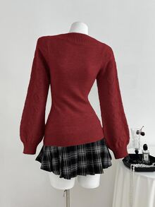Elamini 女款純色休閒百搭日常長袖針織衫 - 紅色 - 查看 2