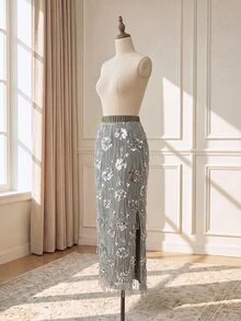 Suri Mira Falda de moda para mujer con cintura elástica, estampado floral, lentejuelas, abertura lateral en el bajo, elegante y sexy, para fiesta de cumpleaños, cena de noche, cita, otoño/ verde salvia - Verde Oliva - Ver 6