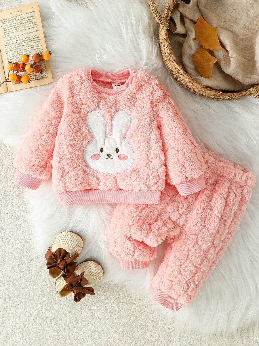 SHEIN Playful Pals Baby Clothes Set, New Autumn/Winter Sweet Cute Sweatshirt And Fuzzy Long Pants 2 Pieces Set, Pink Cute Rabbit Pattern, Thick Fleece Outfit - Pink - View 1
