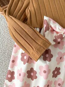 SHEIN 女嬰 0-3歲 春/秋季可愛針織長袖拼接花卉洋裝，適合上學、外出及多種場合 - 彩色 - 查看 4