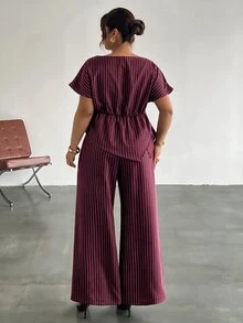 Firerie Plus Size Fashion Commuter Striped Shirt & Pants Suit Set - Red Violet - View 2