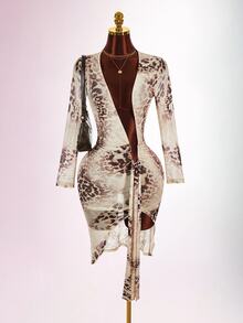 Amplova Women's Sexy Leopard Print Deep V Mini Dress - Brown - View 1