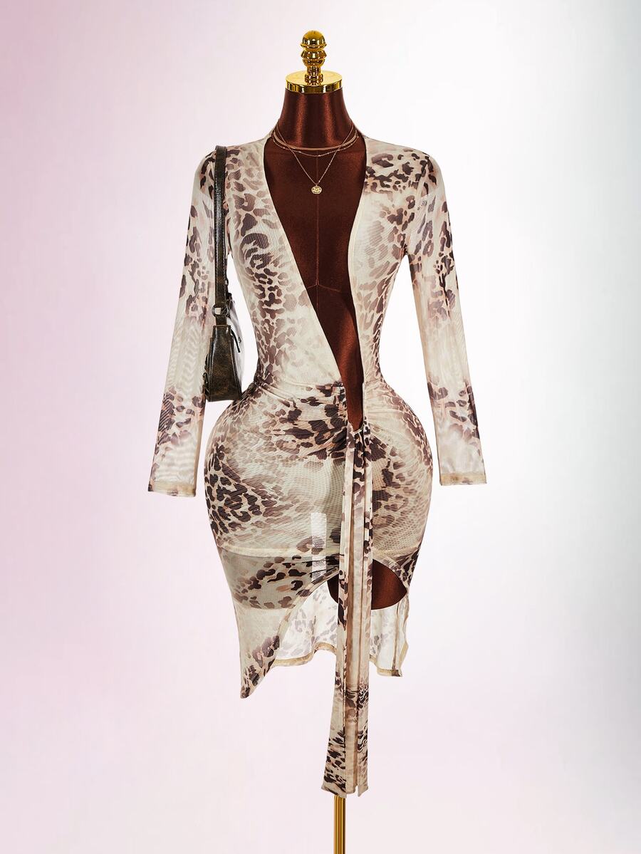 Amplova Women's Sexy Leopard Print Deep V Mini Dress - Brown - View 1