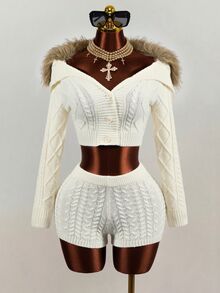 Mistrie Autumn/Winter Cozy Brown Coffee Fluffy Knit Set, Argyle Cable Knit Fitted Cropped Top & Tight Knit Shorts 2 Pieces Set - Beige - View 8