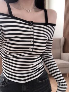 DAZY Women's Striped Korean Style Long Sleeve Spring/Autumn T-Shirt Vacation - Black and White - View 8