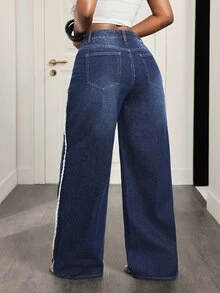 Slaydiva Women's Casual Daily Denim Straight Leg Pants With Pockets And Buttons - Dark Wash - View 2