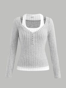 SHEIN Camiseta de manga larga gris con patchwork y acanalado para niña preadolescente - Gris - Ver 5