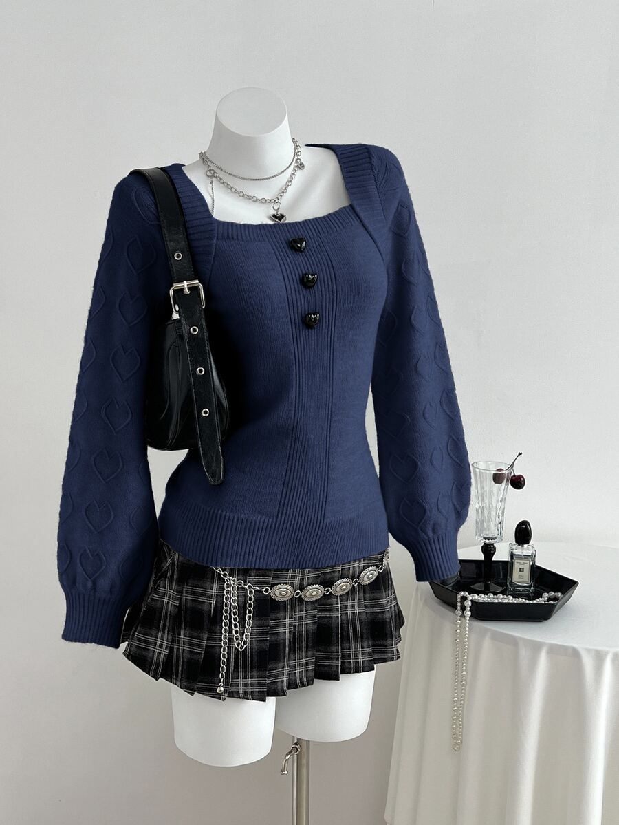 Elamini Sweet Heart Button Design Casual Versatile Women's Sweater - Blue - View 1