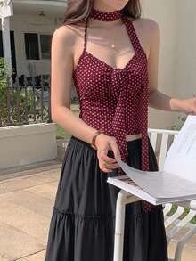 DAZY 夏季海灘度假音樂祭派對波爾卡圓點酒紅色V領荷葉邊緞帶背心 - 紅色 - 查看 6