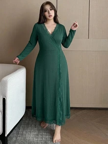 Dazy Plus 對比蕾絲性感家居服 大尺碼女款優雅中長款睡裙 - 墨綠色 - 查看 3