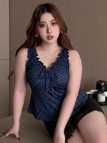 Dazy Plus 夏季波點滿版印花抓皺無袖V領套頭休閒修身大尺碼女款背心上衣秋季 - 藏蓝色 - 查看 5
