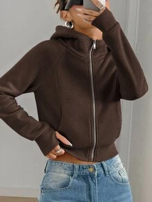 SHEIN EZwear 女士休閒舒適咖啡棕色開襟連帽長袖衛衣，秋冬季 - 棕色 - 查看 4