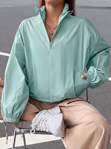 SHEIN EZwear Veste à fermeture éclair avec épaules tombantes pour l'automne/l'hiver - Vert - Voir 3