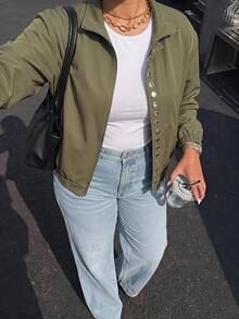 Solavibe Plus Size Olive Snap Button Bomber Jacket For Commute Street Style,Winter Clothing,Batwing Sleeve,Daily Commute,Urban Street Style,Fall/Winter - Green - View 1