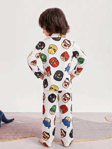 SHEIN 小男孩可愛卡通印花鈕扣上衣與長褲居家服套裝 - 彩色 - 查看 2