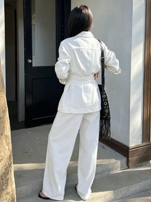 Dazy Tall Women's Waist-Cinched Loose Blouse And Loose Straight-Leg Pants Casual 2 Pieces Denim Set - White - View 2