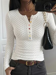 DAZY 女款波點休閒修身內搭性感休閒套頭T恤 秋季 - 米色 - 查看 4