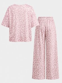 SHEIN Tween Girl 少女休閒日常寬鬆時尚圓領豹紋與小馬圖案 T恤長褲套裝 - 粉色 - 查看 2