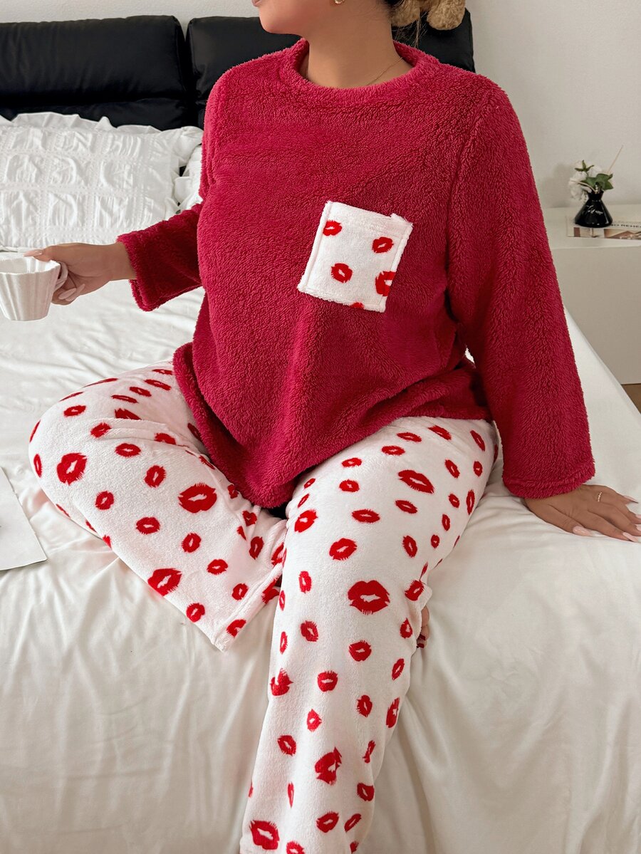 Napfluff CURVE Napfluff CURVE Plus Size Lip Print Soft Plush Comfortable Crew Neck Long Sleeve Long Pants Pajama Set - Multicolor - View 1