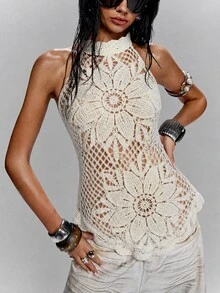 LYSMO Women's Solid Color Hollow Out Casual Everyday Knit Vest - White - View 5