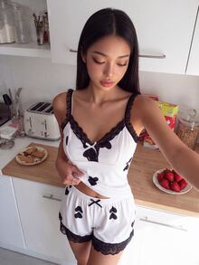 ZzzCrew Women's Heart Print V-Neck Lace Patchwork Bow Decor Camisole & Shorts Pajama Set - Black and White - View 6