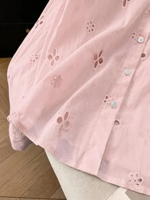 INAWLY 大尺碼女款純色鏤空刺繡單排扣休閒襯衫 - 粉色 - 查看 6