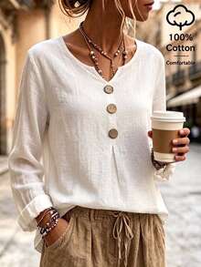 Breezaya Women's Solid Color Casual Versatile Daily Wear Long Sleeve Top - White - View 4