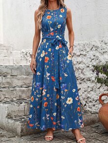 SHEIN Clasi 復古碎花寬腰長洋裝，適合夏季穿著 - 藏蓝色 - 查看 7