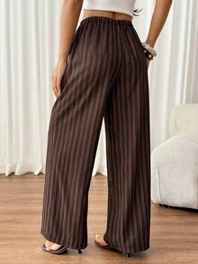SHEIN PETITE Women's Casual Tie Waist Straight Leg Pants, Suitable For Summer - Brown - View 2