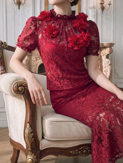 Suri Mira Top Feminina Elegante com Decoração Floral 3D em Renda