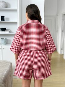 SHEIN LUNE 大尺碼簡約鈕扣格紋連身褲 - 紅白色 - 查看 2