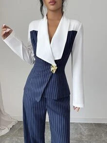 Elenzga Autumn Commute 2 Pieces Set Striped Patchwork Elegant Office Wear Women's 2 Pieces Set - Blue - View 4