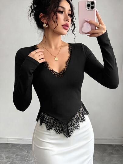 RosyDaze Sexy Eyelash Lace Deep V-Neck Long Sleeve T-Shirt, Spicy Girl Lace Patchwork Cropped Slim Fit Bodycon Top